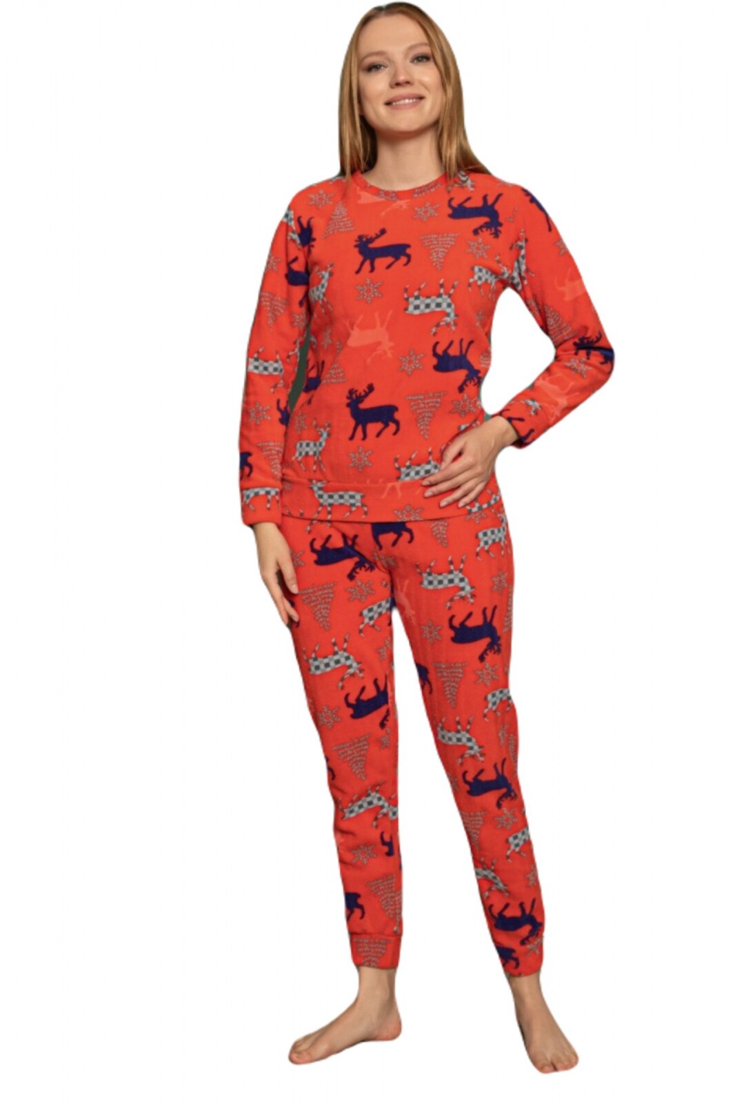 Pijama dama cocolino polar, pufoasa cu imprimeu Reni Craciun rosu 1340, Rosu