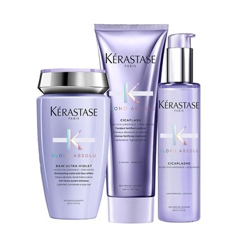 Set ingrijire par blond Kerastase Blond Absolu, sampon Ultra-Violet 250 ml, tratament Cicaflash 250 ml, ser cu protectie termica 150 ml Set ingrijire par blond Kerastase Blond Absolu, sampon Ultra-Violet 250 ml, tratament Cicaflash 250 ml, ser cu protectie termica 150 ml