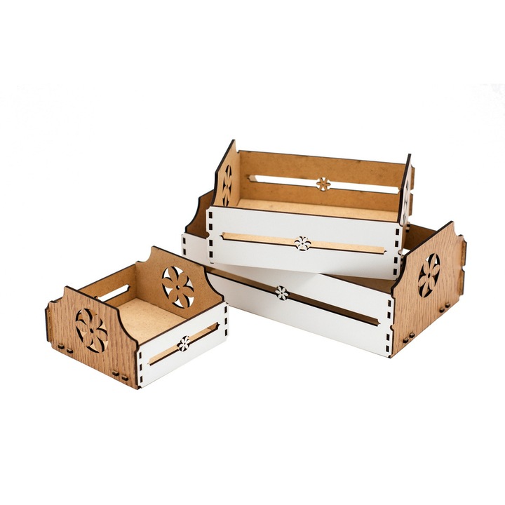 Set 3 cutii decorative din lemn, DekoLaser, Lemn, Natur si alb, 20 cm, 15 cm, 10 cm
