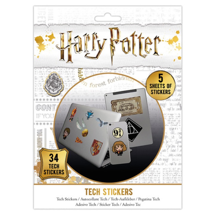 Set stickere Harry Potter, 34 de abtibilduri rezistente la apa si reutilizabile, produs licentiat