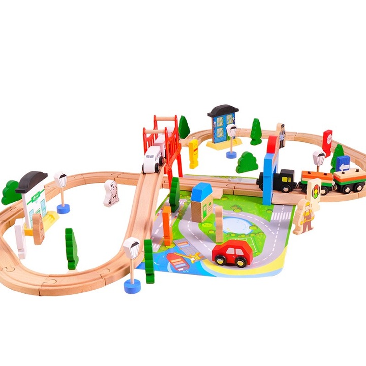 Tren cu sine 80 piese, AcoolToy, Lemn, Multicolor
