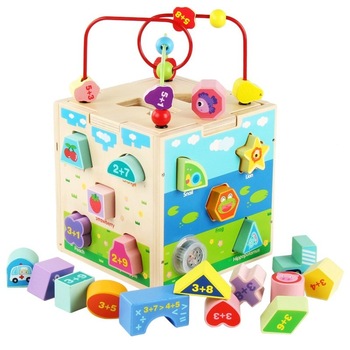 Jucarie Montessori Cub 5 in 1, cu fatete sortatoare de forme si circuit cu bile Jucarie Montessori Cub 5 in 1, cu fatete sortatoare de forme si circuit cu bile