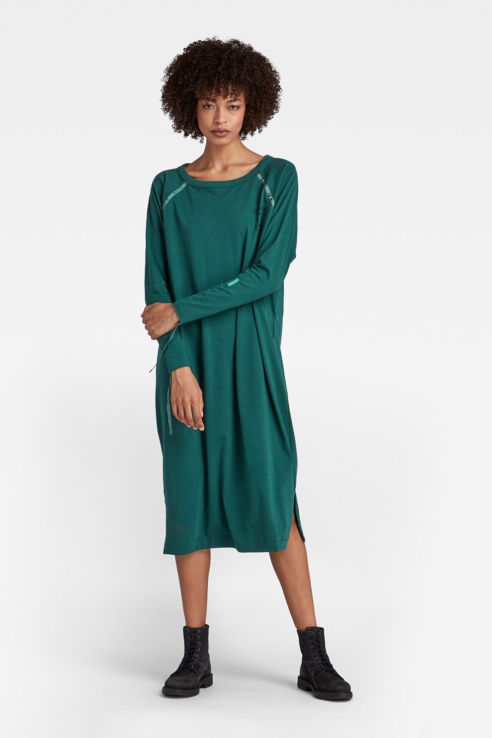 G-Star RAW, Rochie de bumbac organic cu maneci raglan, Verde inchis