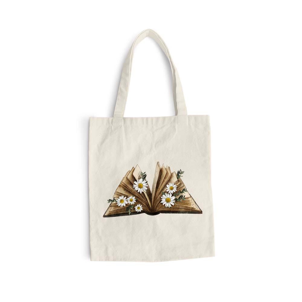 Sacosa bumbac pentru cumparaturi cu manere lungi, Flowers Collection, Book With Daisy Flower, VA9
