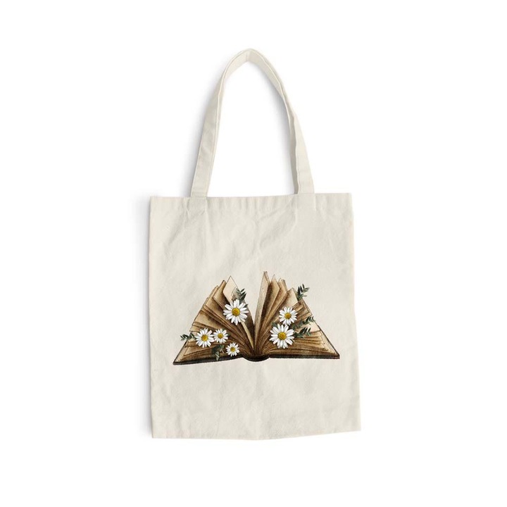 Pamut bevásárlótáska hosszú füllel, Flowers Collection, Book With Daisy Flower, VA9