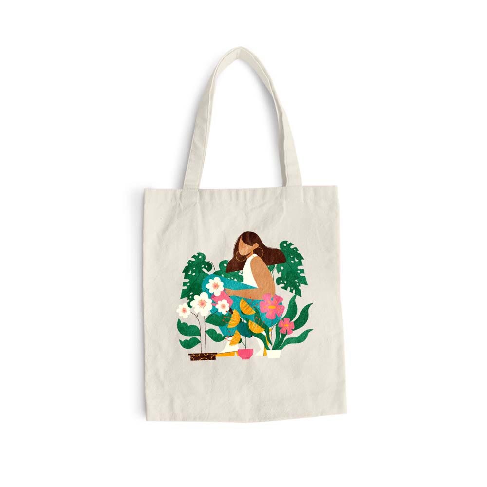 Sacosa bumbac pentru cumparaturi cu manere lungi, Flowers Collection, Woman With Shes Plants, VA52