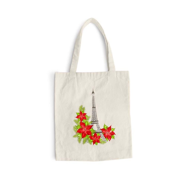 Sacosa bumbac pentru cumparaturi cu manere lungi, Flowers Collection, Eiffel Tower Floral, VA7