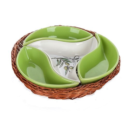 Set de 4 boluri pentru servire Banquet Olives in cos impletit 32 cm