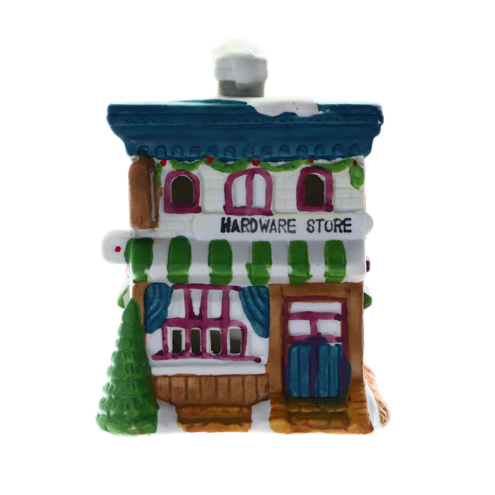 Decoratiune Craciun casuta ceramica Hardware Store, multicolor, zapada si brazi, 105mm