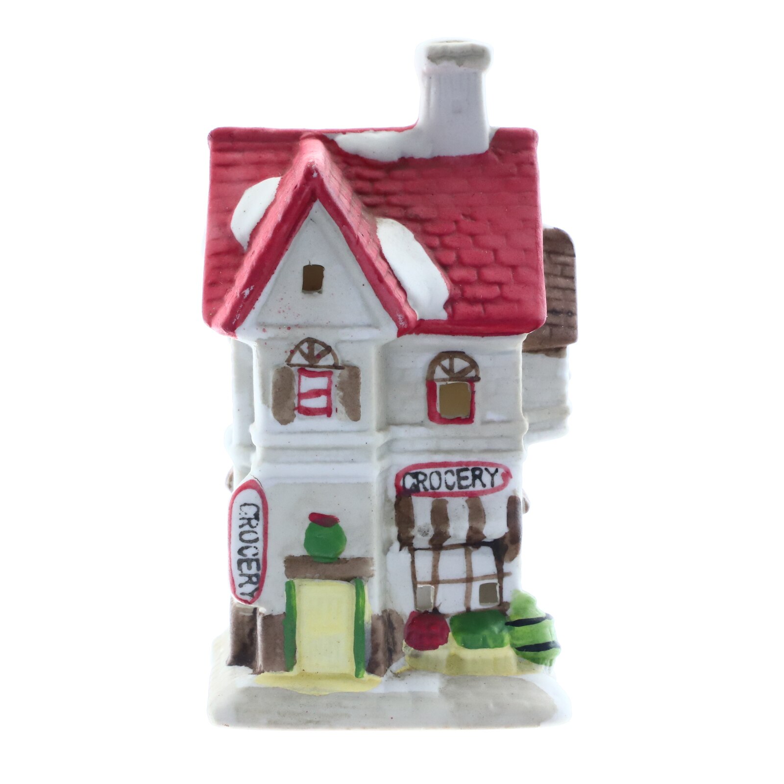 Decoratiune Craciun casuta ceramica Grocery, multicolor, zapada si brazi, 120mm