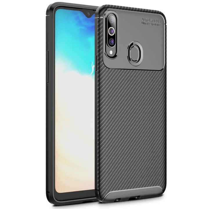 Husa Carbon Fiber Auto Focus Compatibila cu Samsung Galaxy A20 S, Armored Shockproof G-Tech, Finisaj Mat, Negru