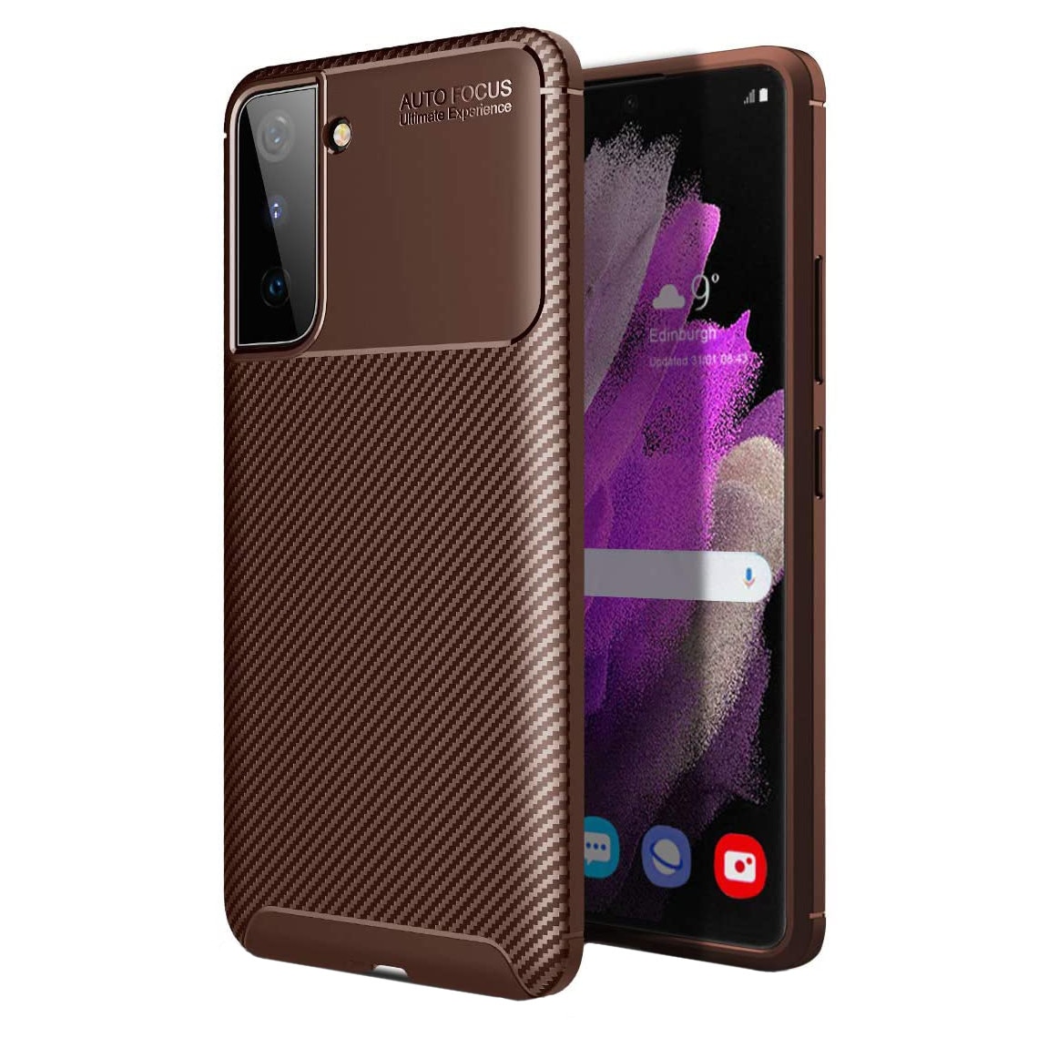 Husa pentru Samsung Galaxy S21, fibra de carbon, Slim Antisoc, carcasa spate, Focus, Maro