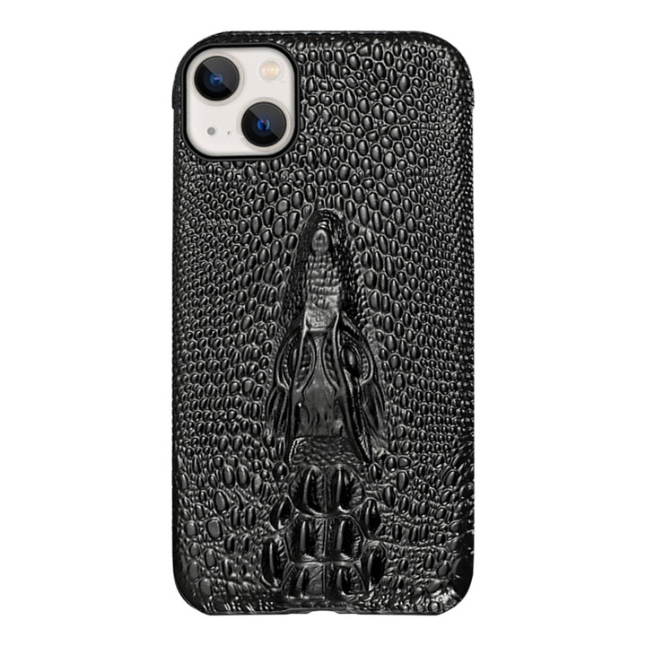 Husa de Protectie Premium, din Piele Naturala, Textura Crocodil, RoveZone pentru iPhone 13, Neagra