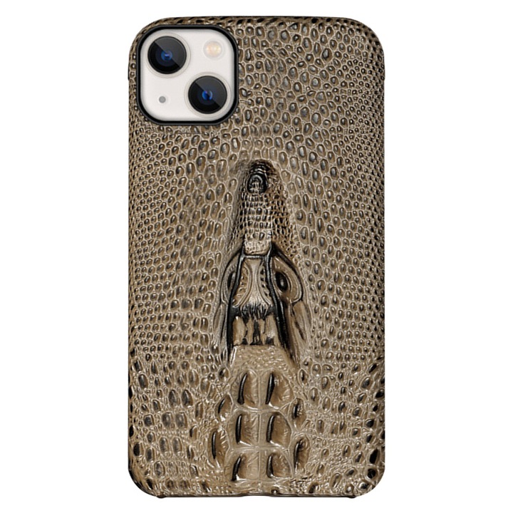 Husa de Protectie Premium, din Piele Naturala, Textura Crocodil, RoveZone pentru iPhone 13 Mini, Maro