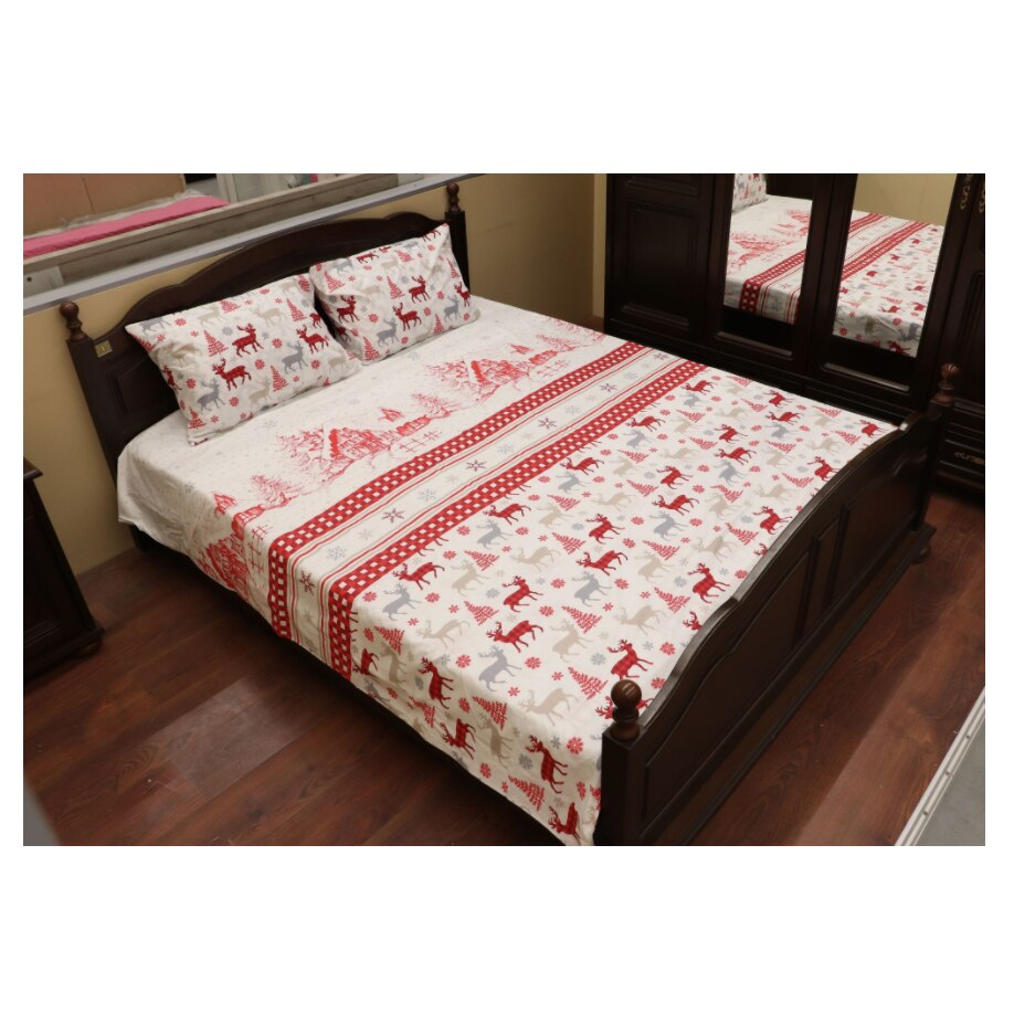 Lenjerie de pat Deco, model de Craciun, 2 persoane, 4 piese, bumbac ranforce100%, alb si rosu