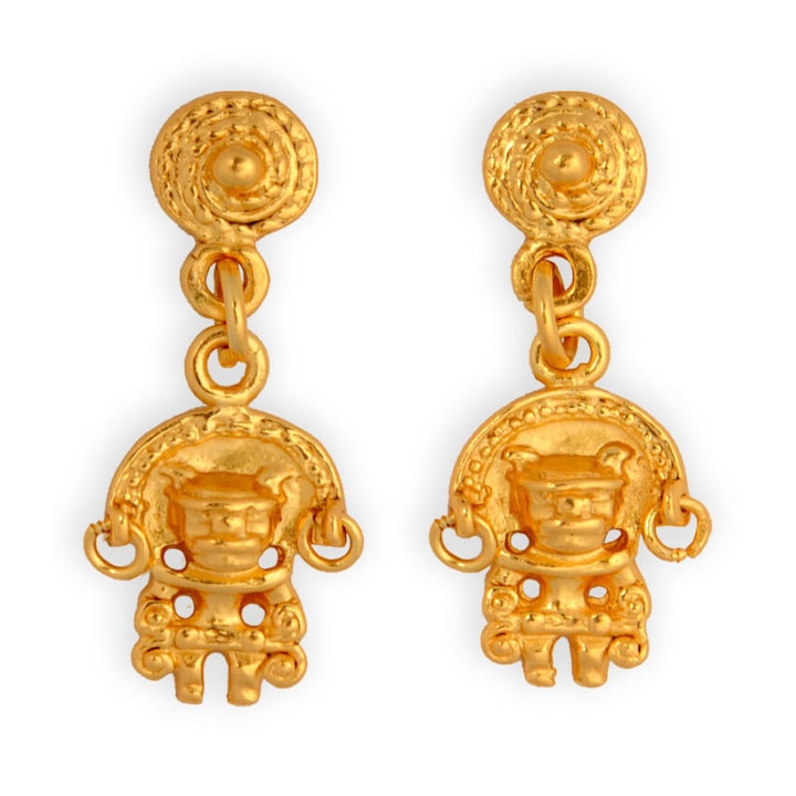 Cercei atarnatori omul jaguar, cultura Tairona, placati cu aur de 24K, lungime 3 cm