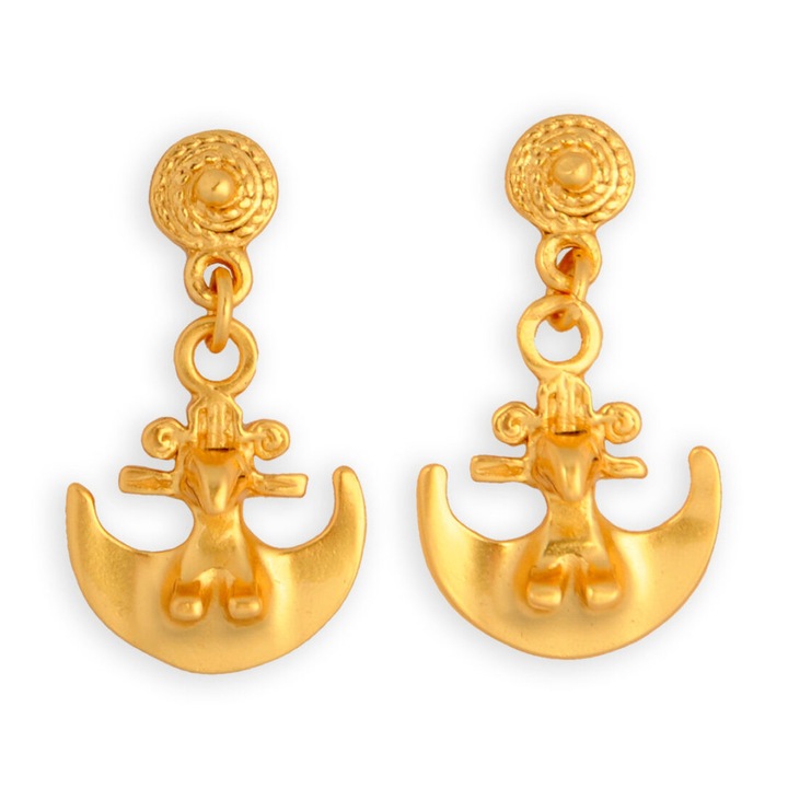 Cercei atarnatori, pasare, cultura Tairona, placati cu aur de 24K, lungime 2.7 cm