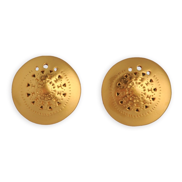 Cercei calendarul astrologic, cultura Muisca, placati cu aur 24 K, lungime 2.24 cm