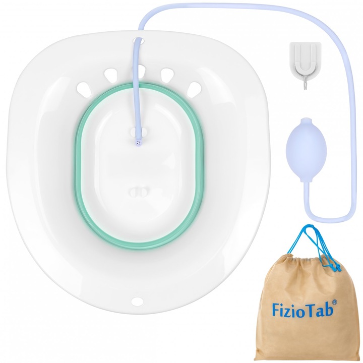 Сгъваема седяща вана FizioTab, Поставя се на тоалетната, Осигурява хигиена и облекчаване на симптомите от хемороиди, Регулируем иригатор, Бяло/Зелено