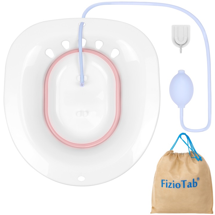 Vas FizioTab® Sitz Bath Pliabil, pentru Baie de Sezut, tip Lighean pentru Wc, Asigura Igiena Locala si Ameliorarea Simptomelor Locale Provocate de Hemoroizi, Alb/Roz cu Irigator Reglabil Albastru
