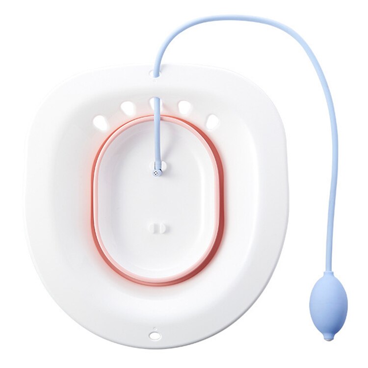 Vas FizioTab® Sitz Bath Pliabil, pentru Baie de Sezut, tip Lighean pentru Wc, Asigura Igiena Locala si Ameliorarea Simptomelor Locale Provocate de Hemoroizi, Alb/Roz cu Irigator Reglabil Albastru