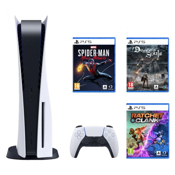 Consola PlayStation 5 (B-Chasis) + Joc PS5 Ratchet & Clank: Rift Apart + Joc Marvel’s Spider Man: Miles Morales PS5 + Joc Demon`s Soul Remake! PS5