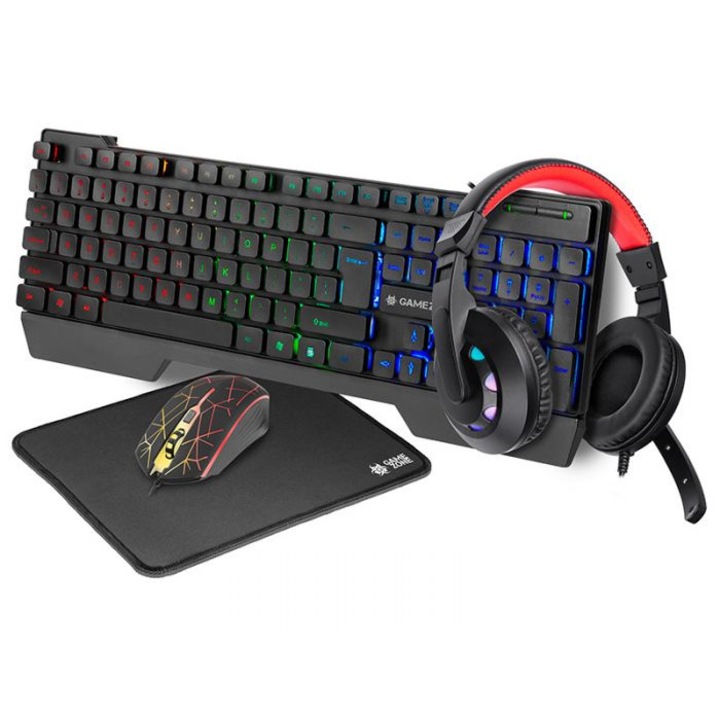 Комплект Gaming 4 в 1, клавиатура, мишка, слушалки и подложка за мишка, RGB осветление 7 цвята, тънък дизайн, 3600 DPI, Многоцветен