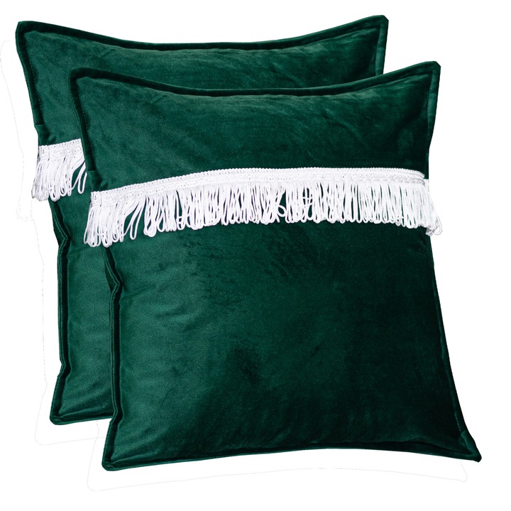 Комплект две декоративни възглавници Hiko COMFY, Сваляща се калъфка, Лента с ресни, Кадифе, Изумрудено зелено, 2x40x40 см