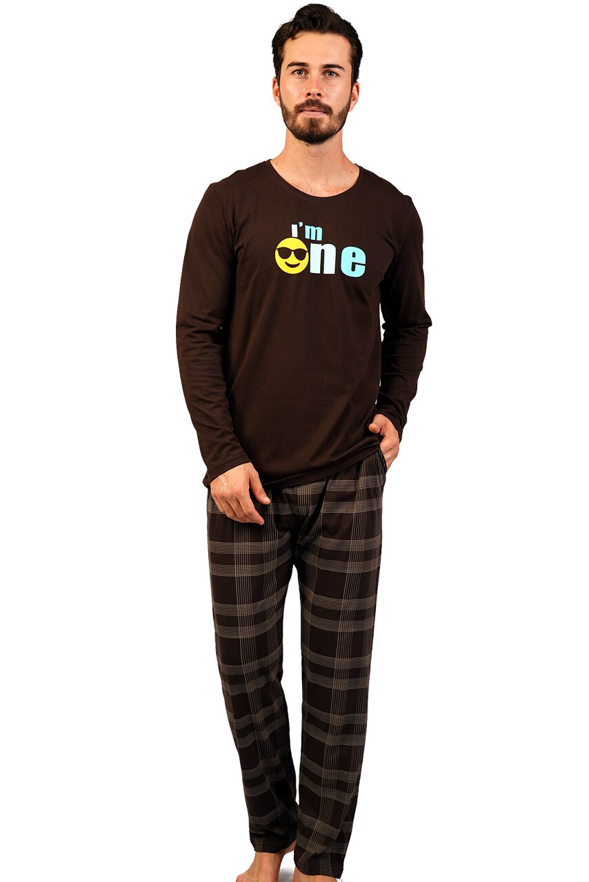 Pijama Barbati, Gazzaz by Vienetta, Model 'I'm One', Material Bumbac, Culoare Maro