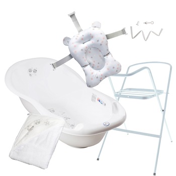 Set baie bebe 5n1, Primababo, Cada, Suport, Scurgere cadita, Perna, Prosop, Alb Set baie bebe 5n1, Primababo, Cada, Suport, Scurgere cadita, Perna, Prosop, Alb