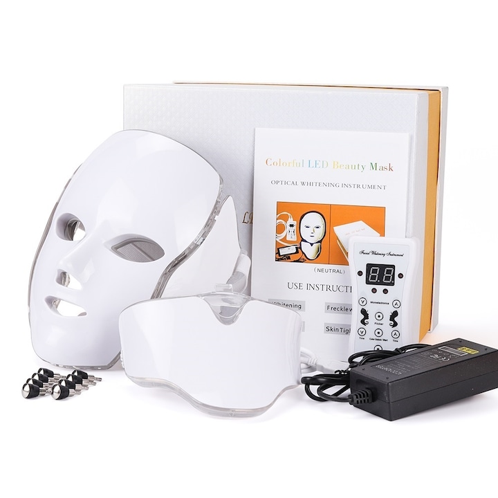 Masca faciala cu led 7 in 1, dispozitiv de infrumusetare cu 7 lumini fotonice, terapie cu lumina pentru ten si gat