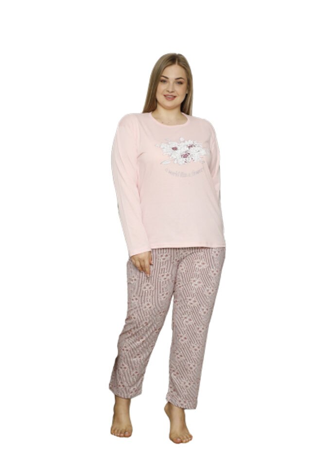 Pijamale dama Serena, maneca lunga, pantaloni lungi,imprimeu a world like flowers, Roz