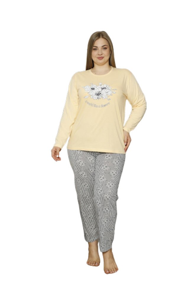 Pijamale dama Serena, maneca lunga, pantaloni lungi,imprimeu a world like flowers, Galben