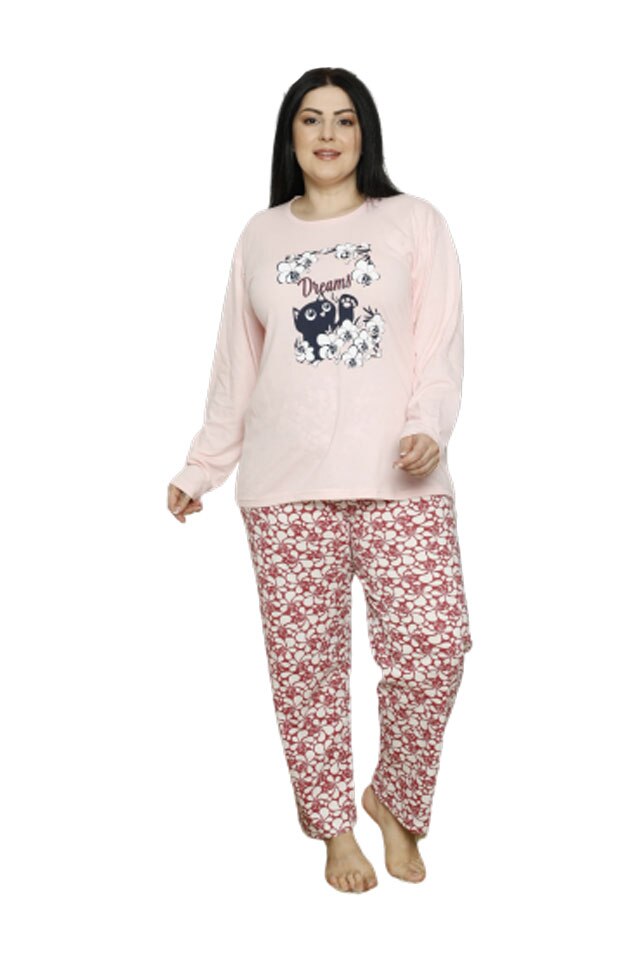 Pijamale dama Serena, maneca lunga, pantaloni lungi,imprimeu dreams, Roz