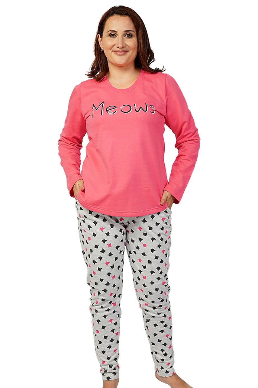 Pijama Dama Vienetta, Model 'Meow', Material Bumbac Vatuit, Culoare Roz