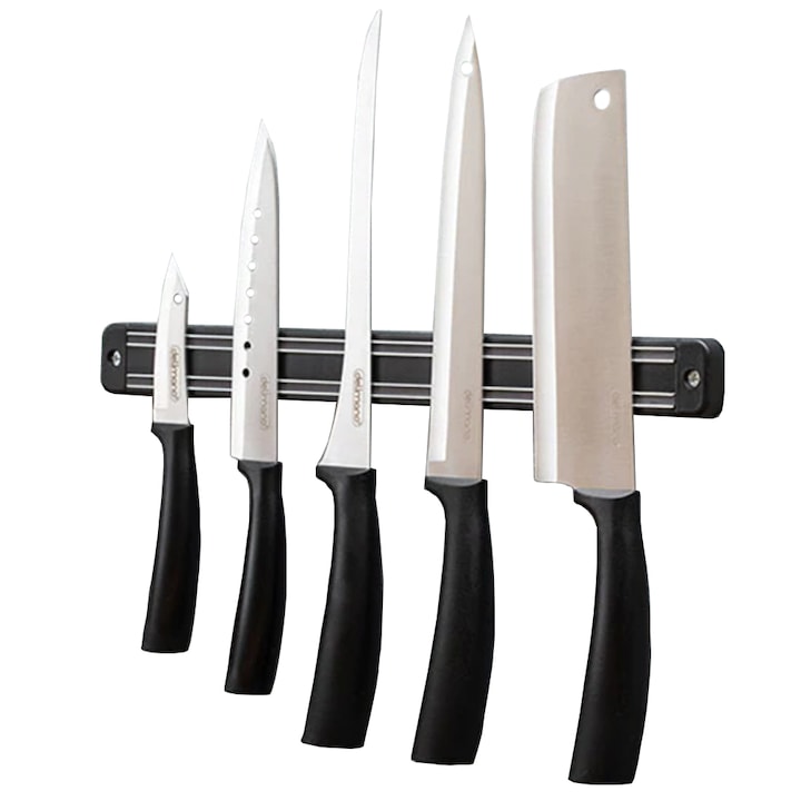 Комплект ножове с магнитна поставка, Delimano, Инокс, сребристо-черна, 6 бр