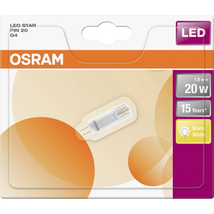 LED крушка Osram Star, 1.8W, 200lm, 2700K, G4, 12V, Топло бяло