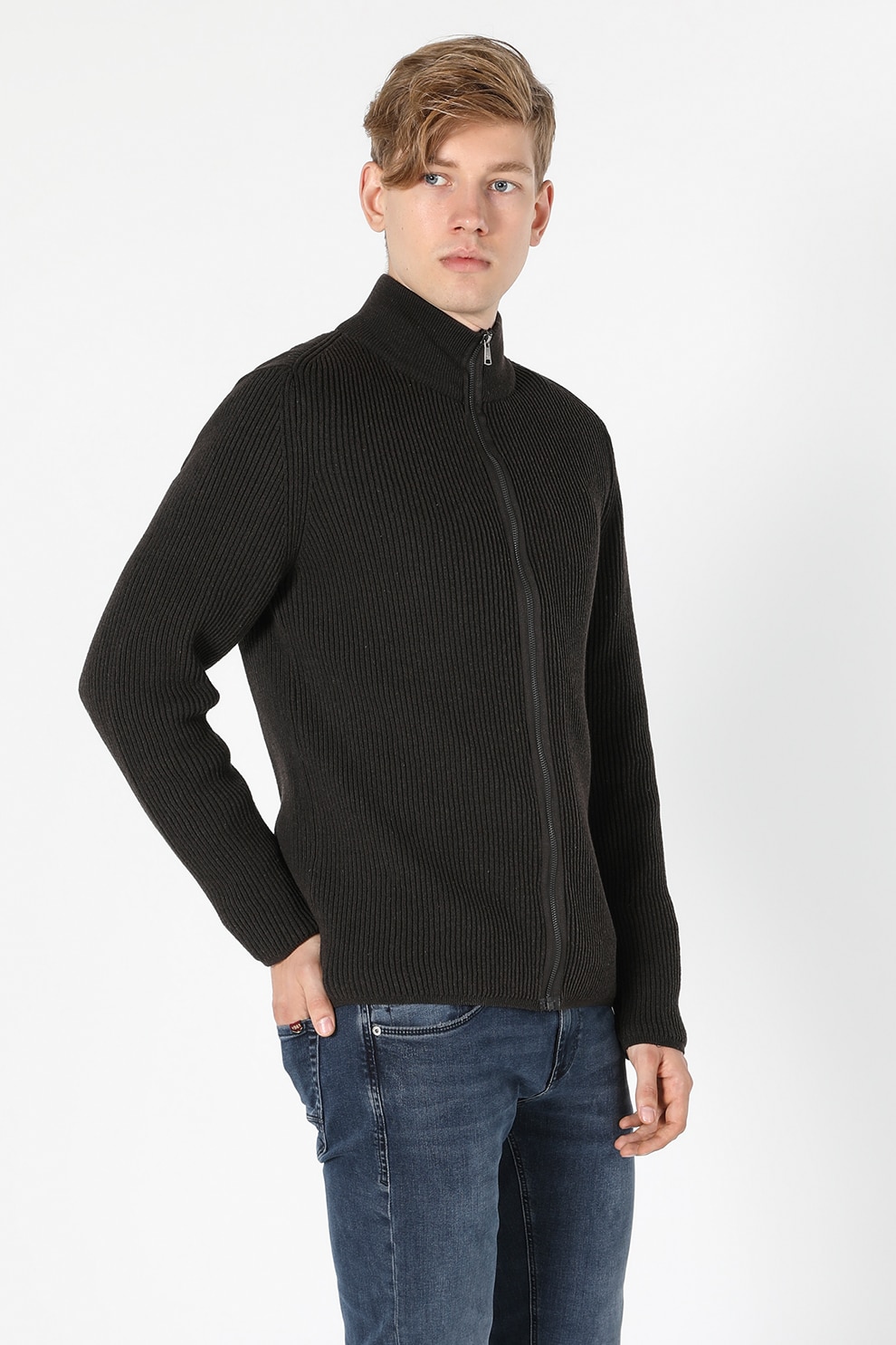 COLIN'S, Cardigan striat cu fermoar, Gri antracit, XS