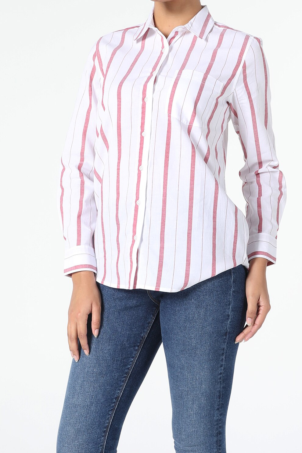 COLIN'S, Camasa in dungi cu buzunar aplicat pe piept, Alb/Rosu stins, XS