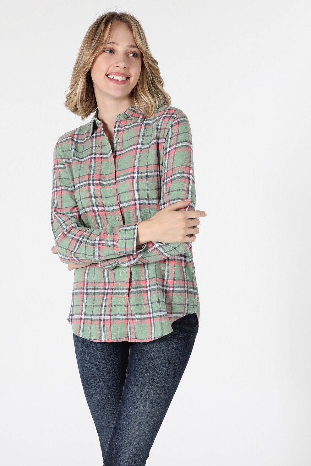 COLIN'S, Camasa regular fit din bumbac cu model in carouri, Verde menta/Oranj