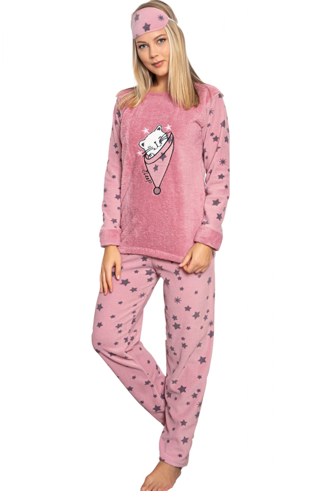 Pijama dama cocolino, pufoasa cu imprimeu Pisicuta sleep corai 1354, Corai