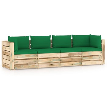 Canapea de gradina din paleti cu 4 locuri cu perne vidaXL, Lemn, 69 x 70 x 66 cm, Verde