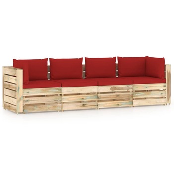 Canapea de gradina din paleti cu 4 locuri cu perne vidaXL, Lemn, 69 x 70 x 66 cm, Verde/Rosu