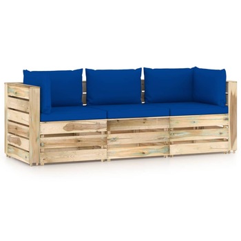 Canapea de gradina din paleti cu 3 locuri cu perne vidaXL, Lemn, 69 x 70 x 66 cm, Verde/Albastru