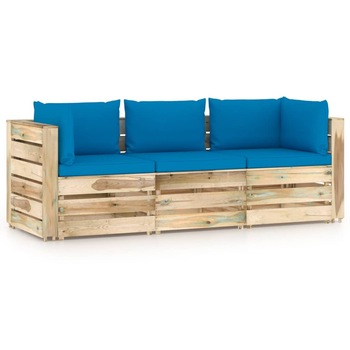 Canapea de gradina din paleti cu 3 locuri cu perne vidaXL, Lemn, 69 x 70 x 66 cm, Verde/Albastru deschis