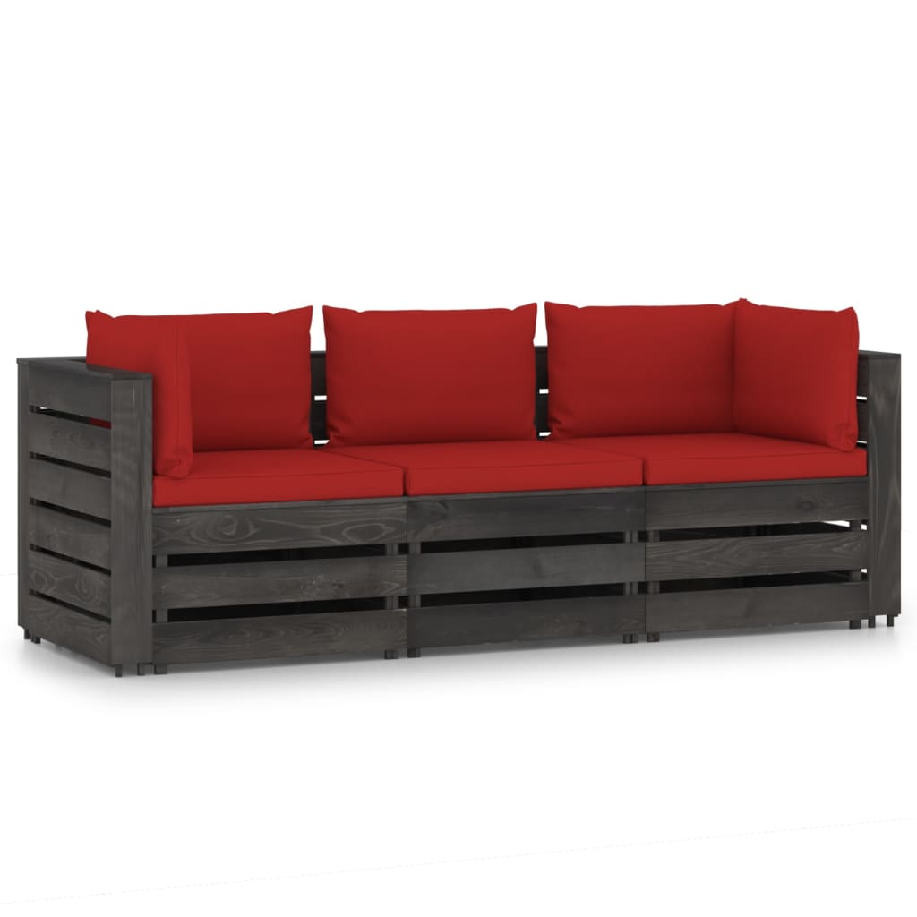 Canapea de gradina din paleti cu 3 locuri cu perne vidaXL, Lemn, 69 x 70 x 66 cm, Rosu