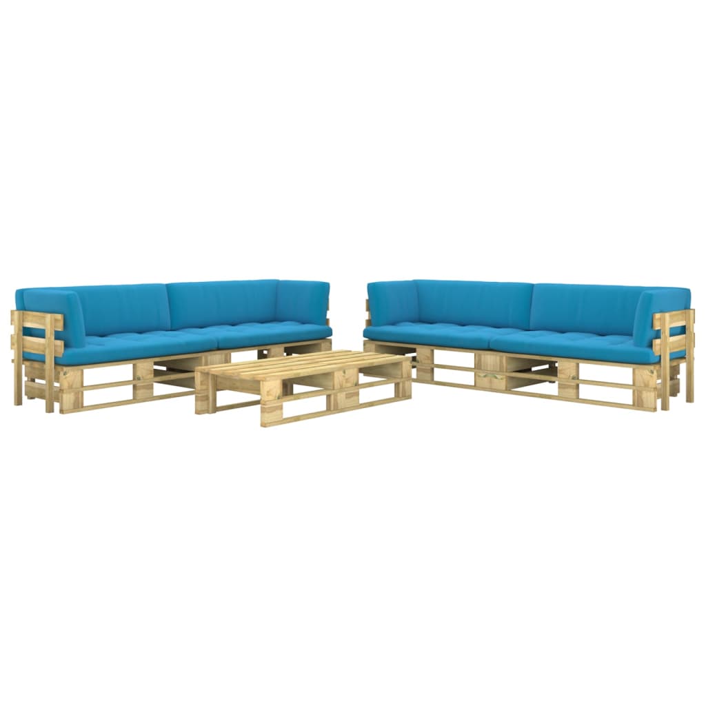 Set mobilier de gradina din paleti cu 6 piese cu perne vidaXL, Lemn, 110 x 66 x 55 cm, perna 10 cm, Verde/Albastru deschis