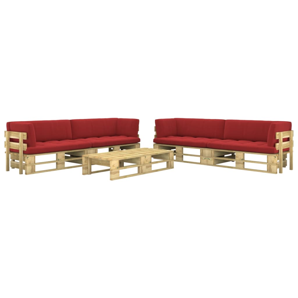 Set mobilier de gradina din paleti cu 6 piese cu perne vidaXL, Lemn, 110 x 66 x 55 cm, perna 10 cm, Verde/Rosu