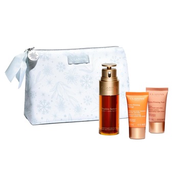 Set Clarins, Ser antirid Double Serum 50 ml, crema de zi Extra-Firming Energy 15 ml, crema de noapte Extra-Firming 15 ml, portfard Set Clarins, Ser antirid Double Serum 50 ml, crema de zi Extra-Firming Energy 15 ml, crema de noapte Extra-Firming 15 ml, portfard