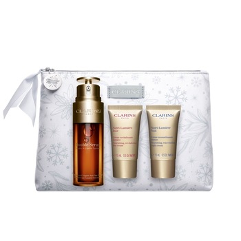Set Clarins, ser antirid Double Serum 50 ml, crema de zi Nutri-Lumiere 15 ml, crema de noapte Nutri-Lumiere 15 ml, portfard Set Clarins, ser antirid Double Serum 50 ml, crema de zi Nutri-Lumiere 15 ml, crema de noapte Nutri-Lumiere 15 ml, portfard